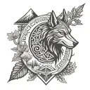 A black-grey tattoo of a viking shield with a wolf emblem, surrounded by elements of nature like trees and mountains, reflecting the client's interests in vikings, wolfs, and hiking tattoo design idea