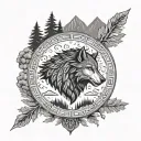 A black-grey tattoo of a viking shield with a wolf emblem, surrounded by elements of nature like trees and mountains, reflecting the client's interests in vikings, wolfs, and hiking tattoo design idea