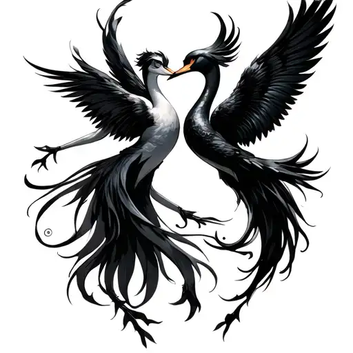 Tattoo design inspired by Acheron and Black Swan from Honkai Star Rail, dancing together like their Light Cone illustrat tattoo design idea