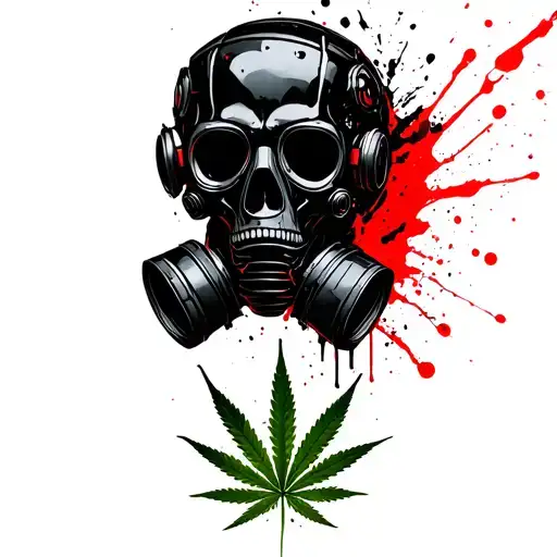 composition A black robot skull with a gas mask,in the background a marijuana leaf tattoo design idea