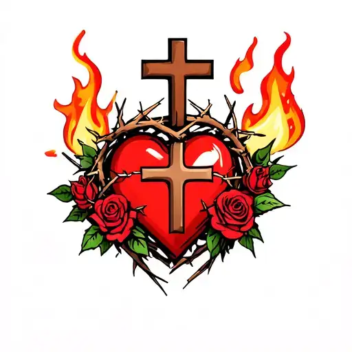 red heart with brown cross on top surrounded with a crown of thorns and fire plus roses tattoo design idea