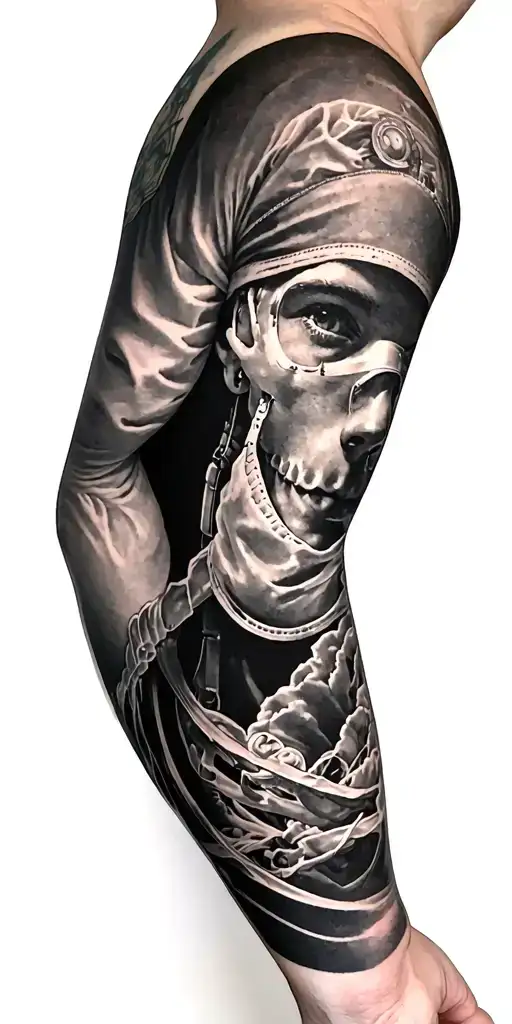Arm sleeve medical field theme black and gray Towards the shoulder I want older references to medical care and it gets  tattoo design idea