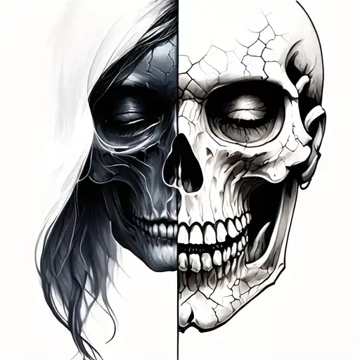 Half-Face / Half-Skull:One side of the face is streaming, eyes closed or looking away. Other side is skeletal or cracke tattoo design idea