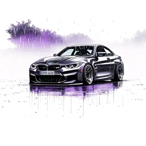car, bmw, rain, dark and purple vibe night time tattoo design idea