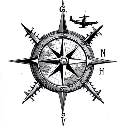 I want a Tattoo that talks about travel, that relates a compass, the sea, mountain, boat, plane, map, rappel adventure,  tattoo design idea