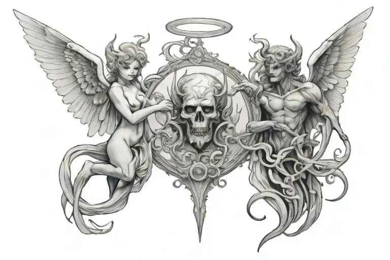 an hot glass with an Angel on one side and a Devil on the other side tattoo design idea