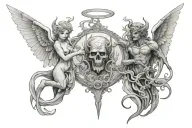 an hot glass with an Angel on one side and a Devil on the other side tattoo design idea