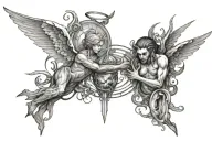 an hot glass with an Angel on one side and a Devil on the other side tattoo design idea