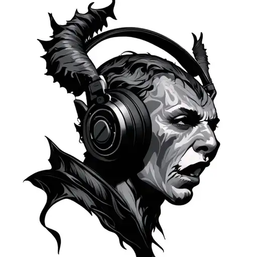 The devil whispers to the ear headphones tattoo design idea