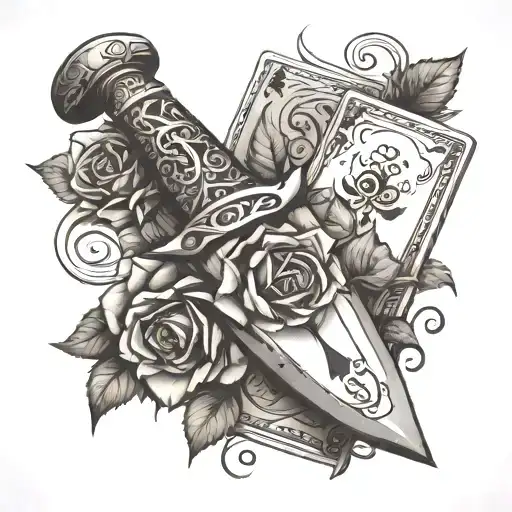dagger going threw rose and vines wrapped around it with suits of cards etched in the blade  tattoo design idea