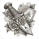 dagger going threw rose and vines wrapped around it with suits of cards etched in the blade  tattoo design idea