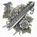 dagger going threw rose and vines wrapped around it with suits of cards etched in the blade  tattoo design idea