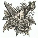 dagger going threw rose and vines wrapped around it with suits of cards etched in the blade  tattoo design idea