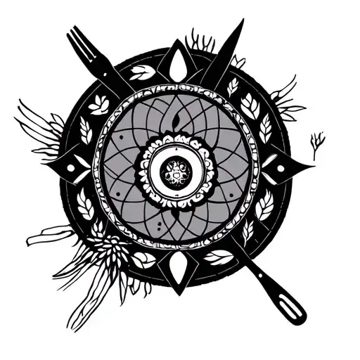 A mandala with subtle chef symbols (knife, fork, flame, wheat, grain) within the geometry — inspired by Vedic yantras. tattoo design idea