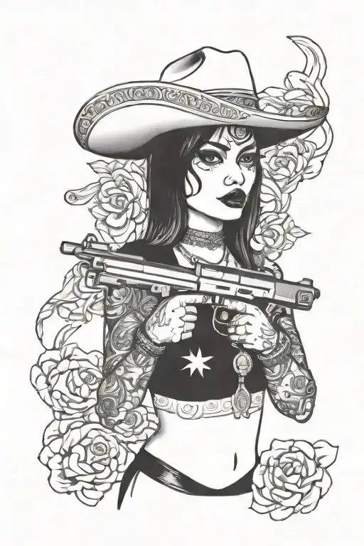 Mexican gangster female with guns money drugs tattoo design idea