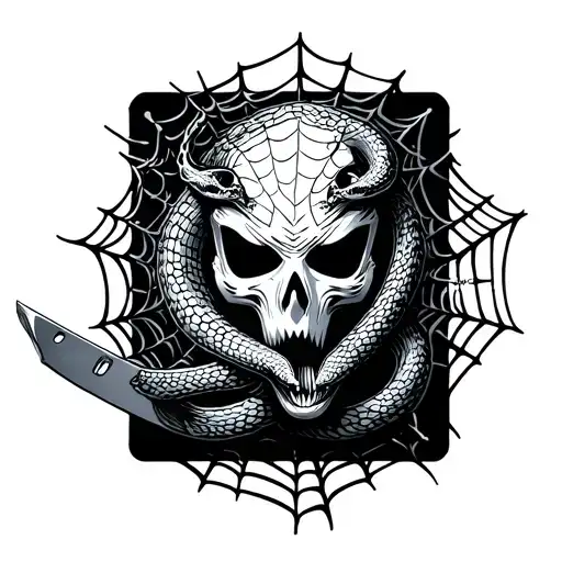 a straight razor blade cutting through a tangled web. Hidden within the web is a mask or snake tattoo design idea
