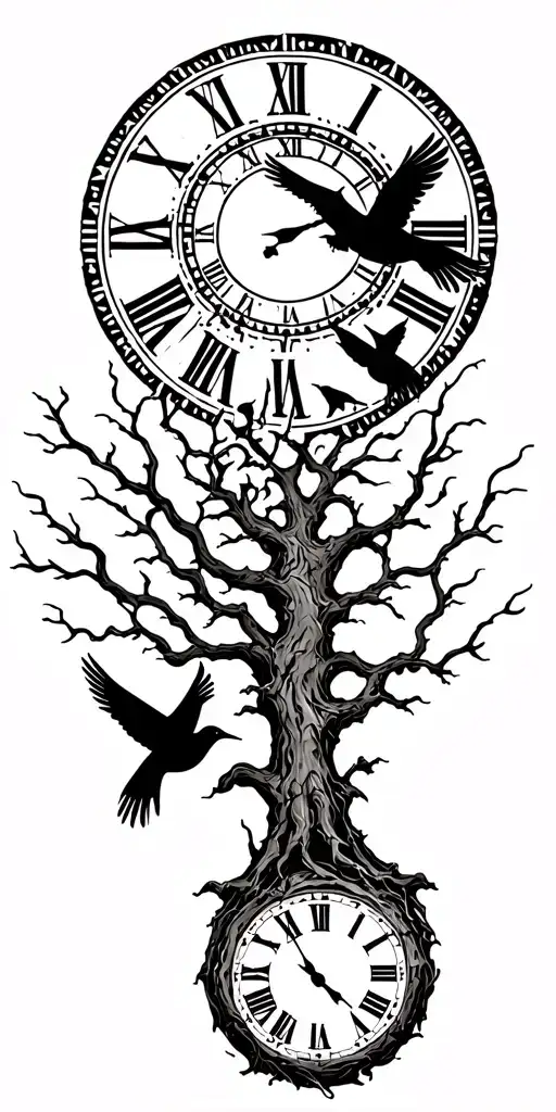 tree and clock and 3 birds flying towards the sun tattoo design idea
