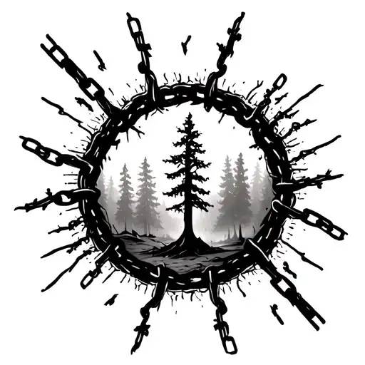 Foggy Forest with sunrays in a circle of a broken chain tattoo design idea
