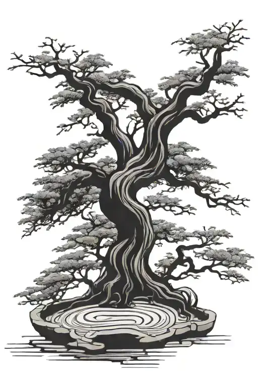 bonsai tree bent to the left with 2 branches forming geometric tattoo design idea