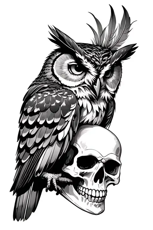 Owl hiding a skull with feather, gothic tattoo design idea