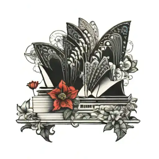 side view of black and white sydney opera house surrounded by colored aboriginal flowers tattoo design idea