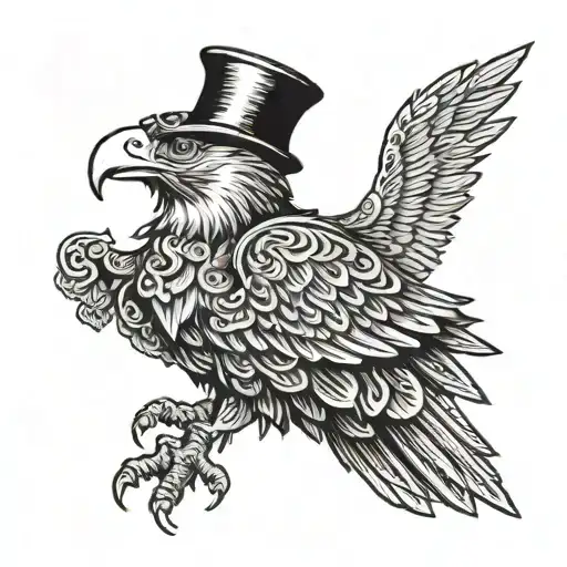 a woodcut-style illustration of an eagle wearing a suit and tophat tattoo design idea