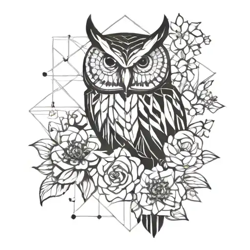 Black style in geometic shapes, an owl a bouquet of cosmo flowers blooming as a tattoo on the forearm tattoo design idea