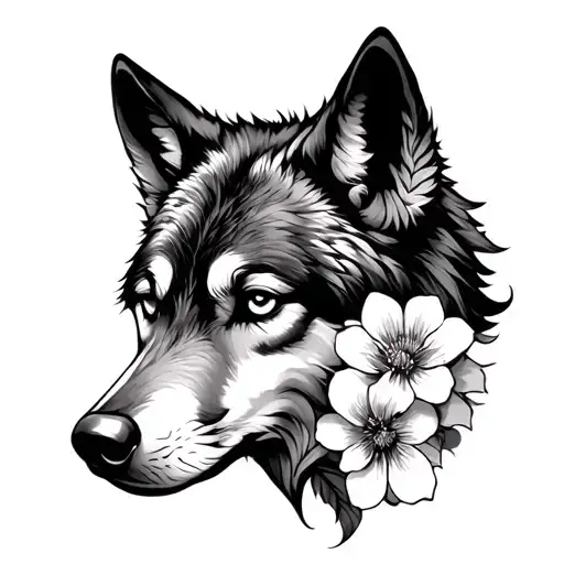 feminine wolf head and flowers tattoo design idea