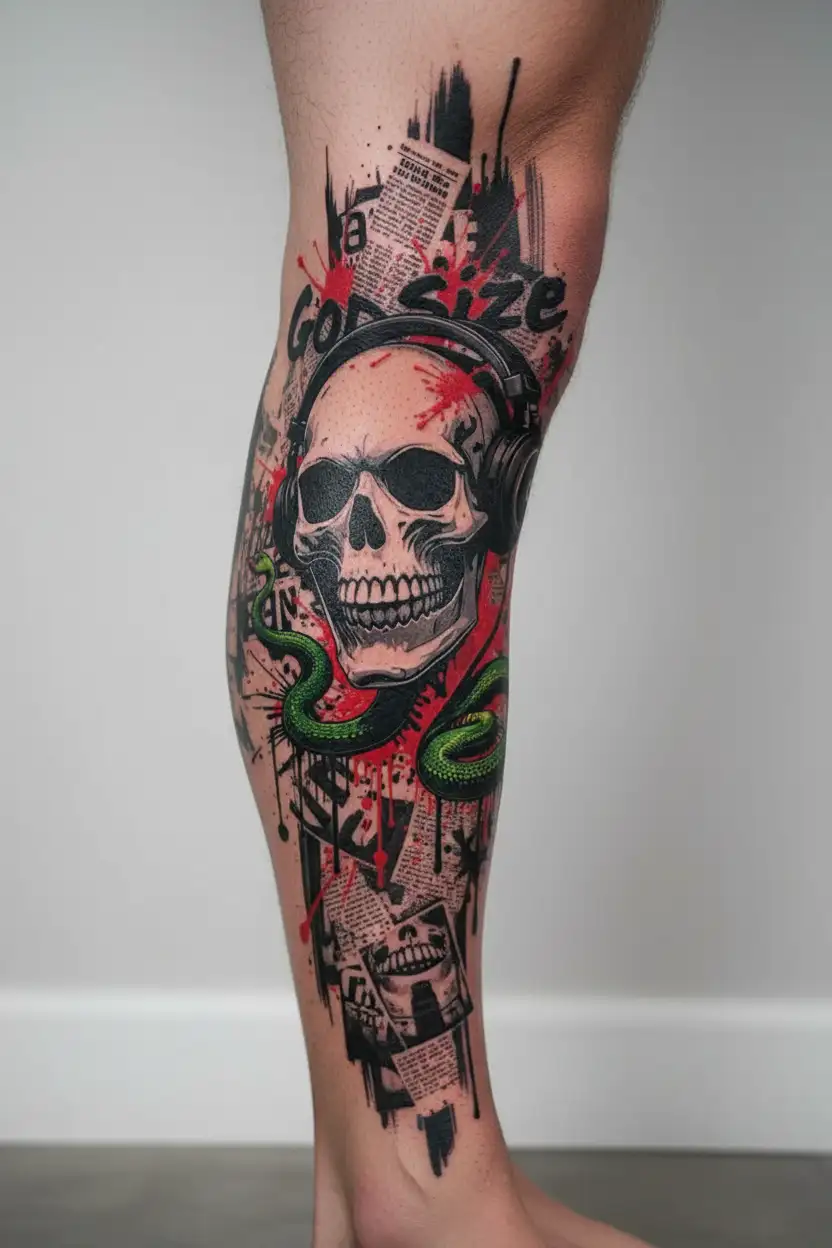 Black& white skull with headphones in trash polka style with green snake and green dirty sign "Godsize" tattoo design idea