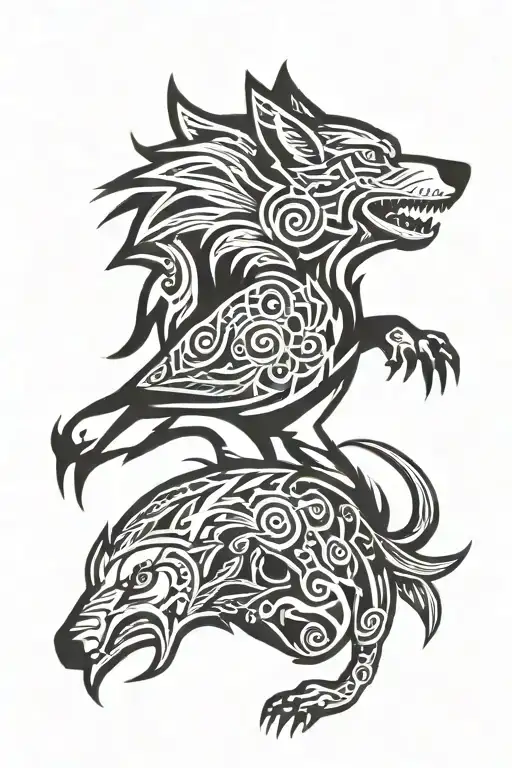 wolf with a woodpecker and a falcon soaring tattoo design idea