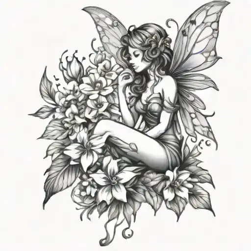 fairy sitting with flowers  tattoo design idea