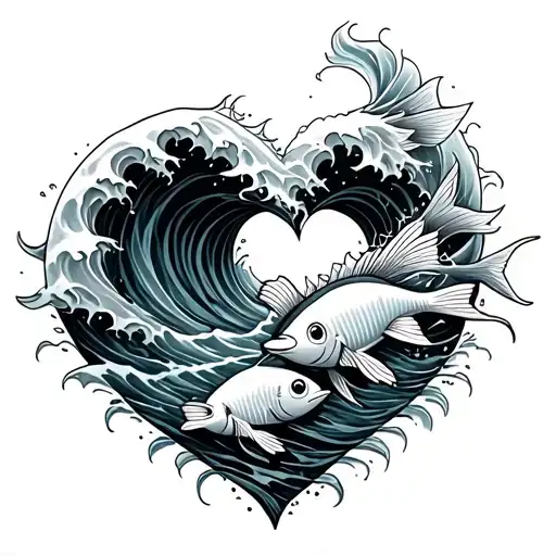 ocean wave forming heart with fish  tattoo design idea