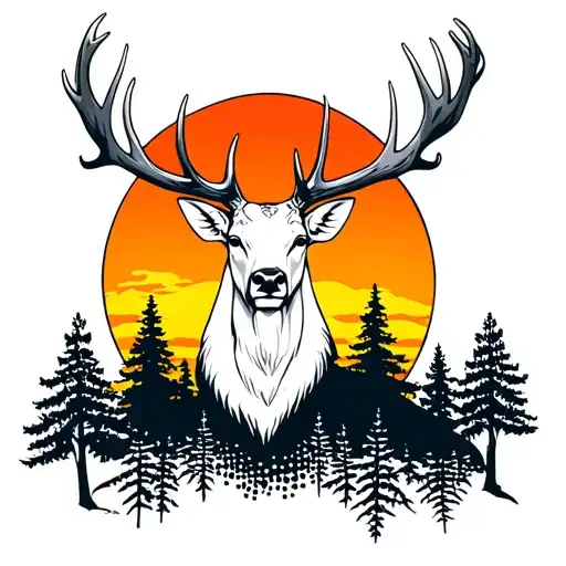 white stag with sun set and trees tattoo design idea