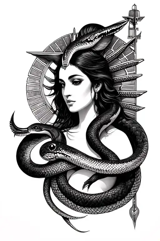 Maat with Apophis (woman is entwined with an evil snake) tattoo design idea