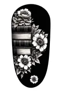 stack of books behind a half sleeve of flowers tattoo design idea