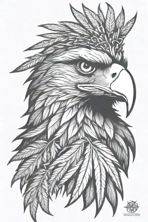 Eagle head, profile. Cannabis weed shaped feathers encircle head, radiating outwards. Detailed. tattoo design idea