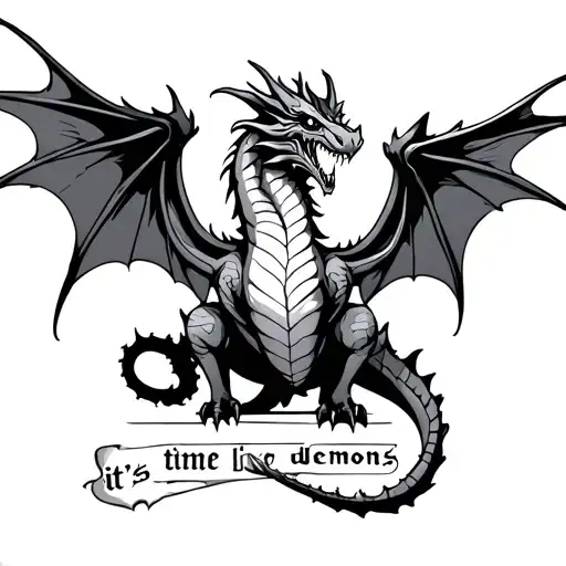 dragon tattoo with full wings spread and the words "it's time" and "demons" tattoo design idea