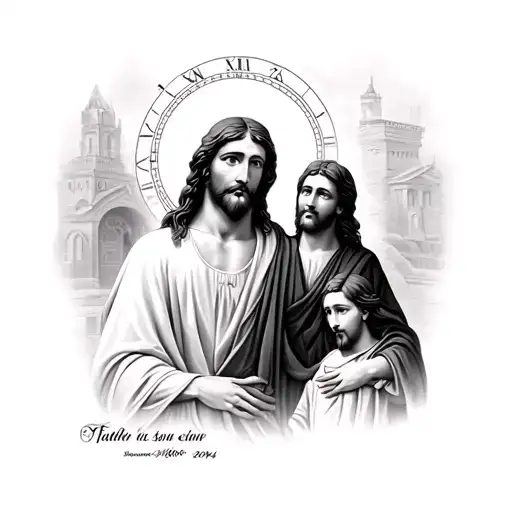 Jesus of Nazareth, Cruz, Family, Father and Son watch, number 2004 tattoo design idea