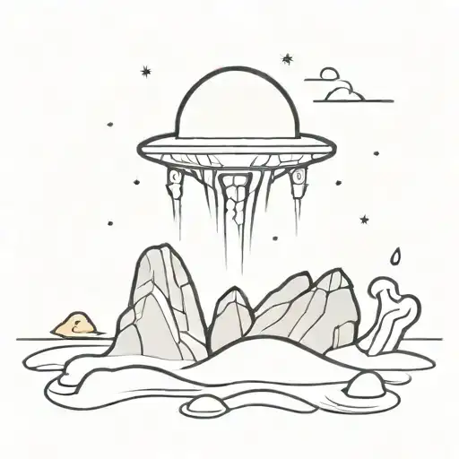 Alien spaceship beaming up the word "mine" from ocean rocks tattoo design idea