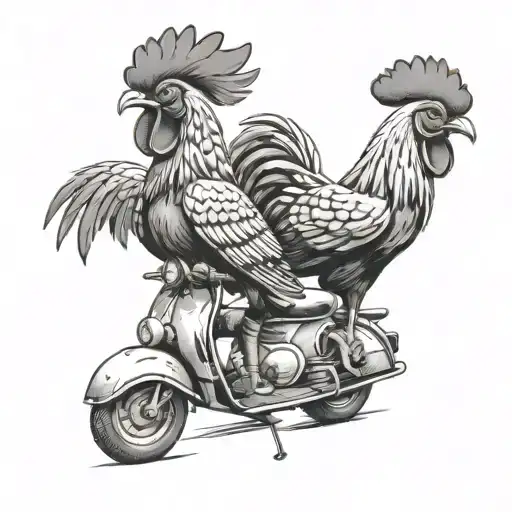 Two on a scooter with a cockerel head tattoo design idea