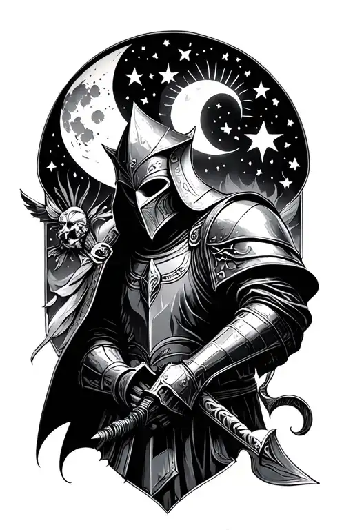 gothic knight with moon stars and sun tattoo design idea