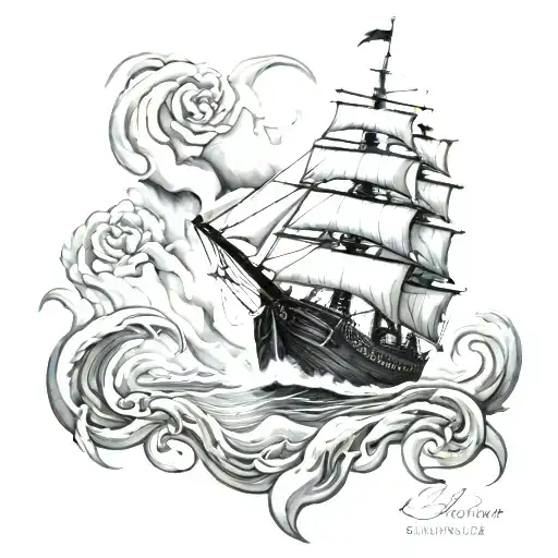 burning ship tattoo design idea