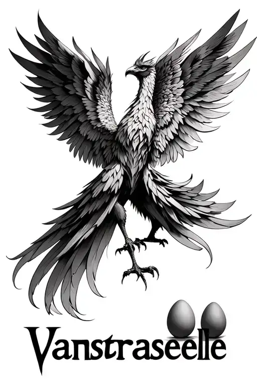 Create a phoenix with V -shaped wings. Introduce 3 eggs and the name Vanstraesselle tattoo design idea