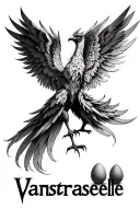 Create a phoenix with V -shaped wings. Introduce 3 eggs and the name Vanstraesselle tattoo design idea