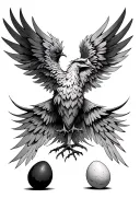 Create a phoenix with V -shaped wings. Introduce 3 eggs and the name Vanstraesselle tattoo design idea