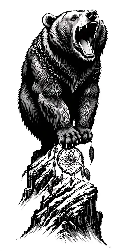 A fierce bear roaring atop a mountain peak with intricate dotwork details dream Catcher native trible tattoo design idea