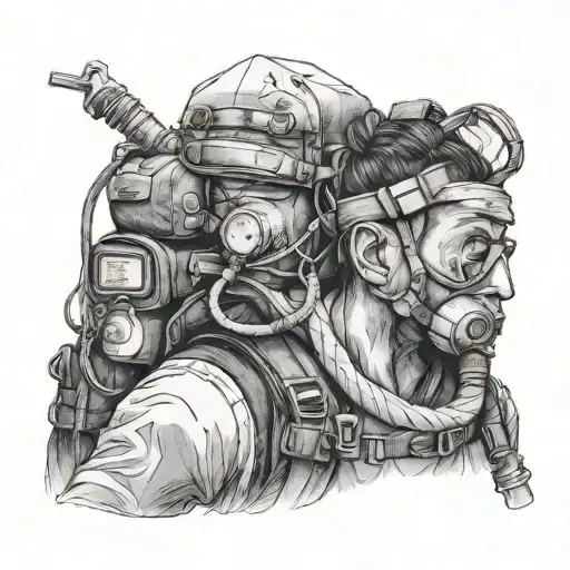 mountaineer on mount everest and oxygen mask, realistic tattoo design idea