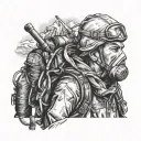 mountaineer on mount everest and oxygen mask, realistic tattoo design idea