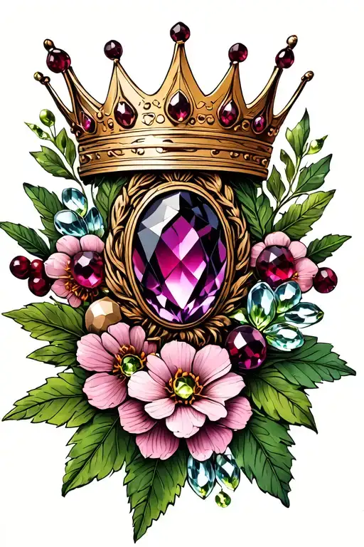 A gold crown with an amethyst, Garnet, moonstone, and peridot surrounded by PNW native berries and flowers tattoo design idea