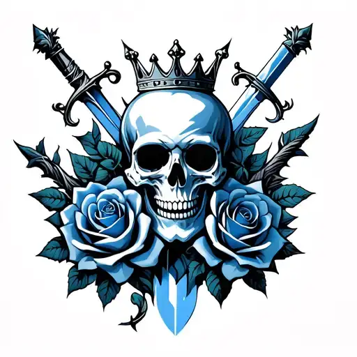 skull roses thorns sword warpping around each other and crown on top and all blue or black tattoo design idea